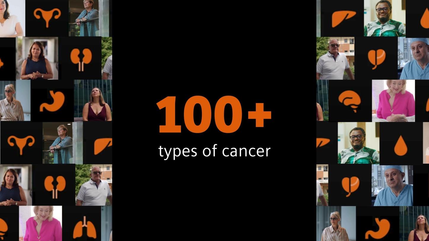 The animation shows cancer patients, clinicians, and researchers, as well as pictograms of organs and features a counter of up to 100 types of cancer.
