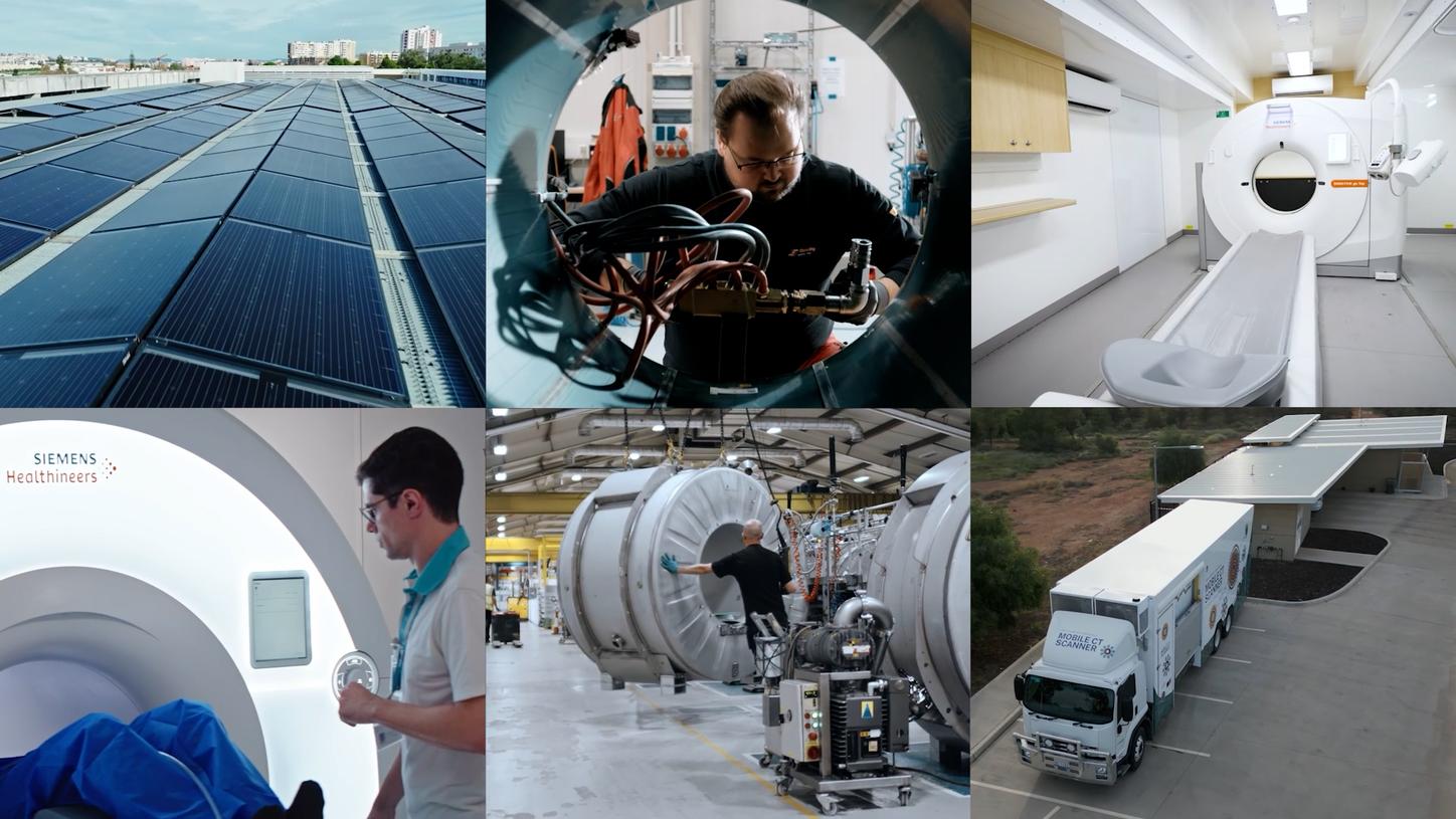 A collage of six images showing MRI systems in use, solar panels on a roof, and refurbishment processes.