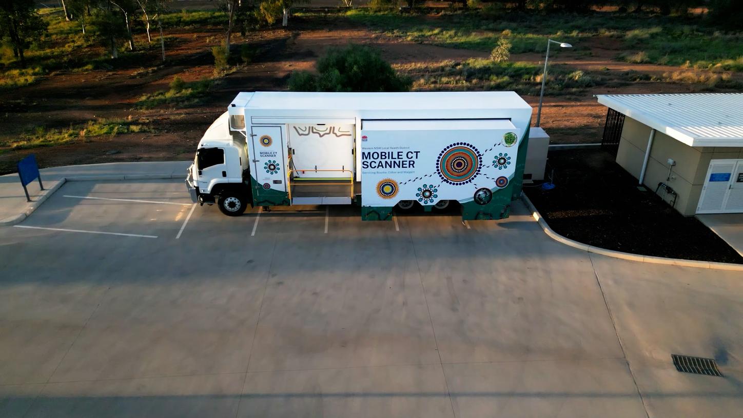 An aerial shot of a mobile CT truck.