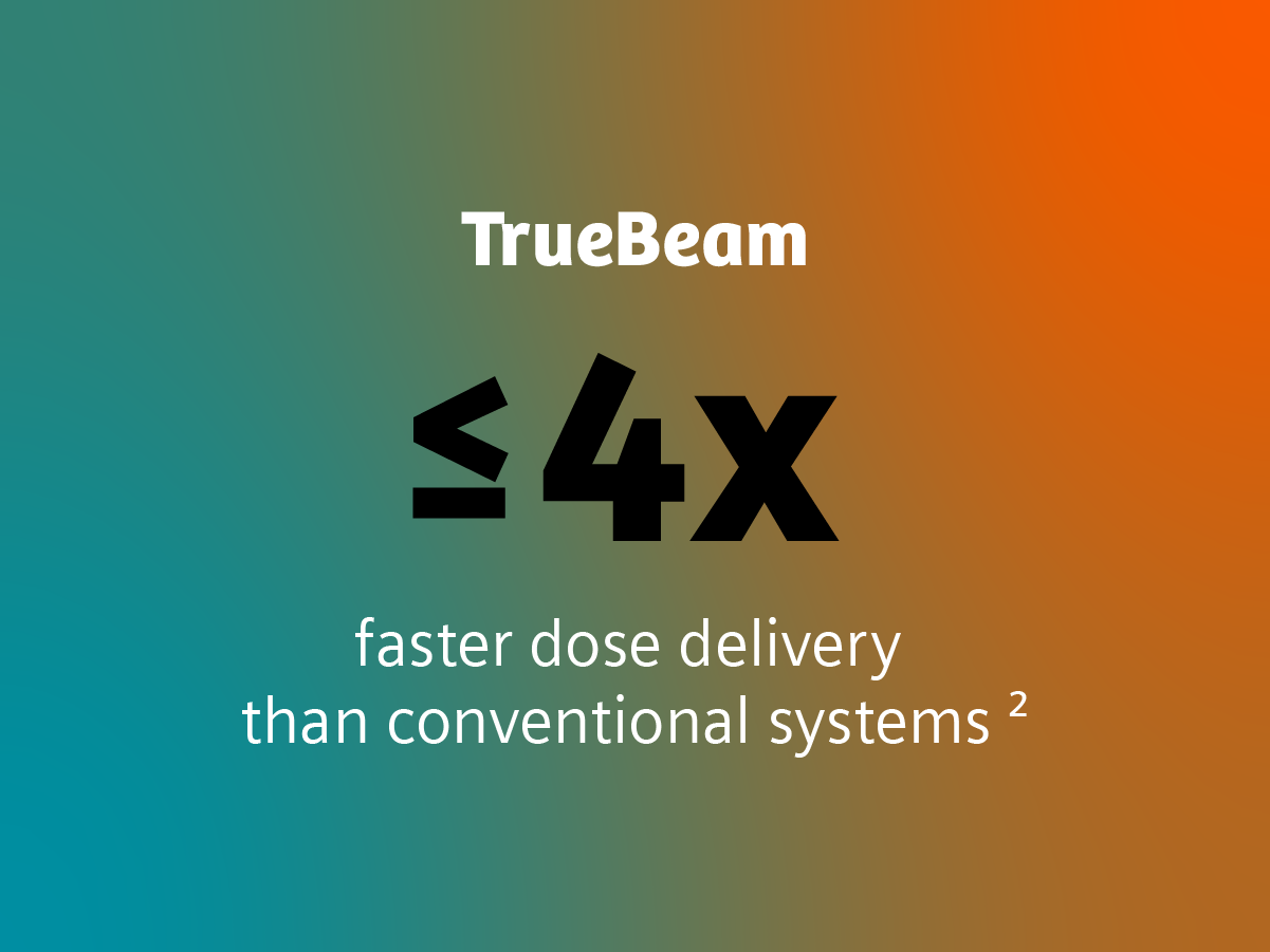 You see a colored tile with a text upon it. It says: TrueBeam 4 times faster dose delivery than conventional systems. 