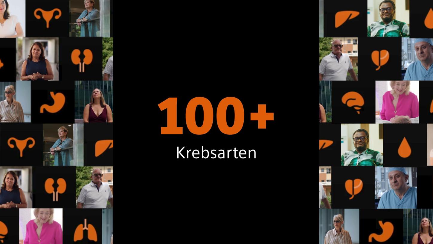ie Animation zeigt Krebspatienten, Kliniker und Forscher sowie Organpiktogramme und zeigt einen Zähler mit bis zu 100 Krebsarten.