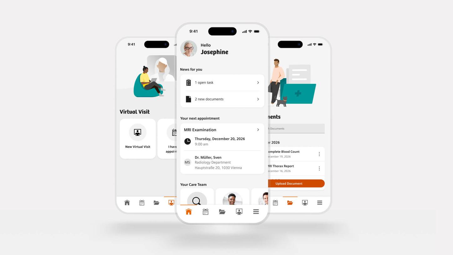 Smartphone-Bildschirme zeigen eine Patienten-Gesundheits-App mit einem personalisierten Heim-Dashboard, virtuelle Besuchsoption, bevorstehende MRT-Termine und Dokumenten-Upload-Funktion.