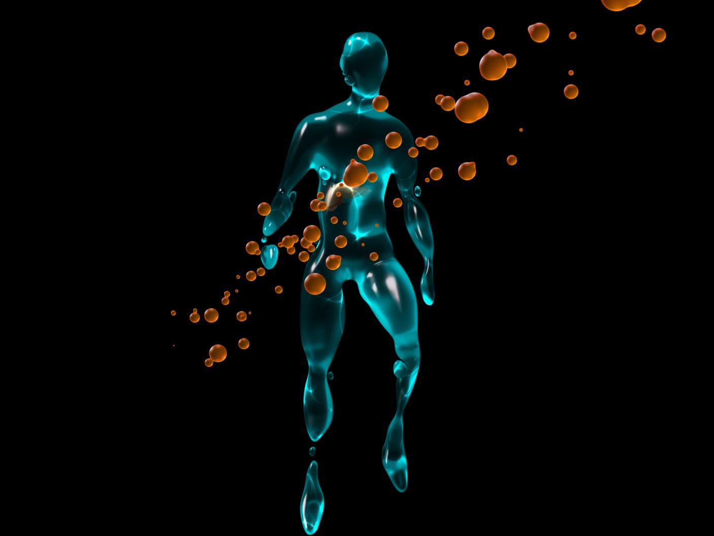 Still 3D rendering. We see a semi-long shot of a petrol-colored, fluid body with human outlines, representing a digital patient twin. Orange bubbles, symbolizing a stream of data, fly through the image towards the body.