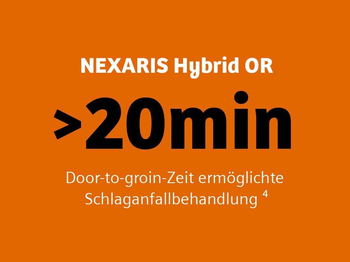 Du siehst eine orangefarbene Kachel. Darauf steht: Nexaris Hybrid OR. Bis zu 20 Minuten Door-to-Groin-Zeit ermöglichte Schlaganfallbehandlung