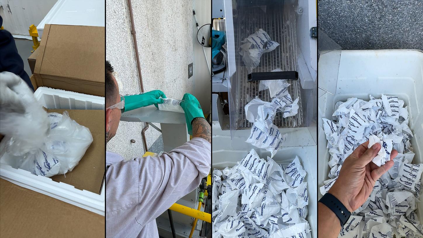 A side by side collage showing the process of gel pack recycling.