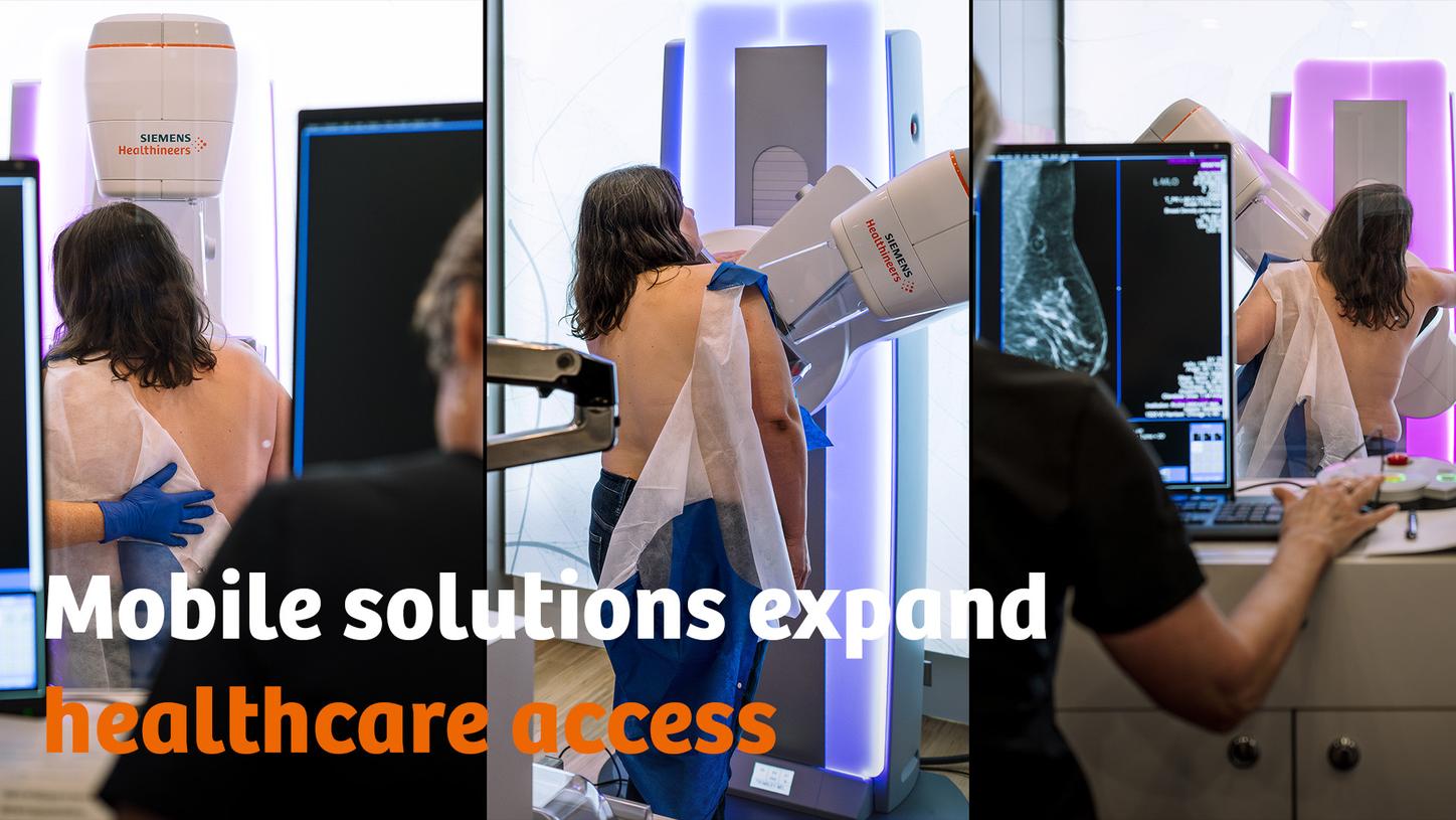 A collage containing three images, showing a mobile mammography scan in a truck