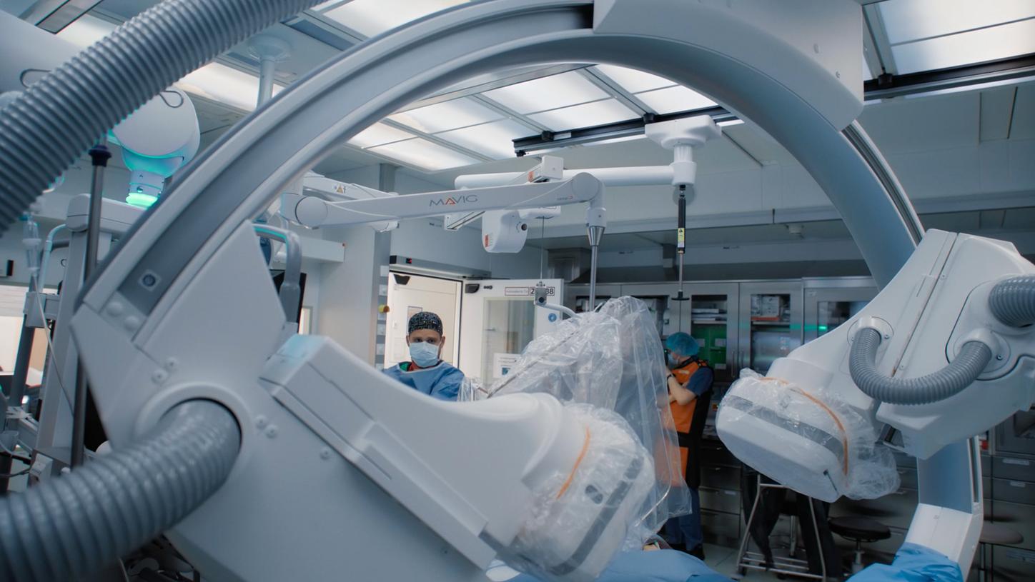 Interventional cardiology equipment in a catheterization lab.