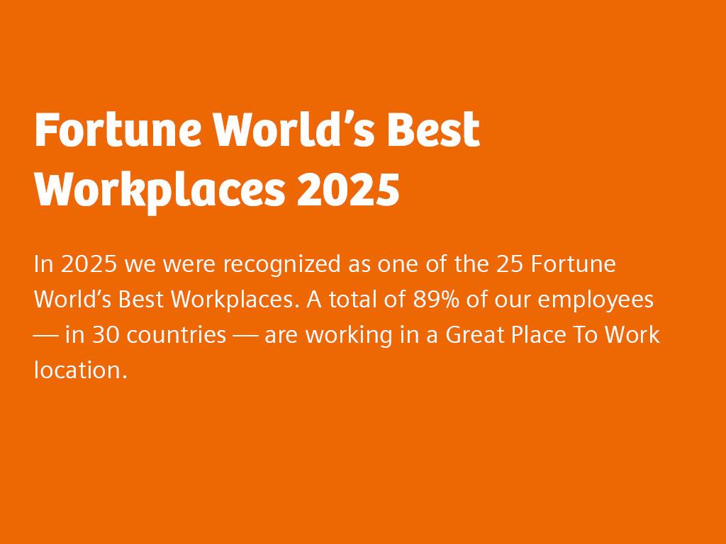 Text box: Our first recognition as one of Fortune World's Best Workplaces in 2025