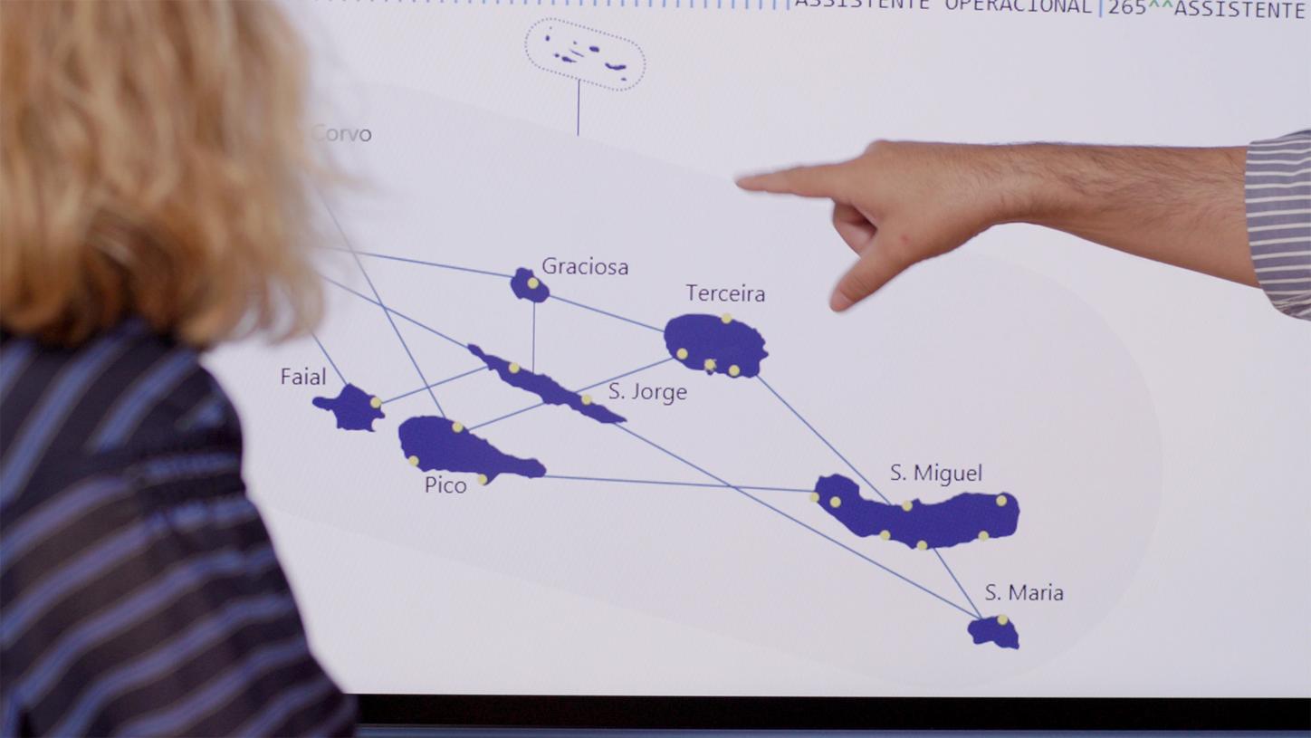 Two people in front of a map with Azores islands, one person pointing at the map with an outstretched arm.