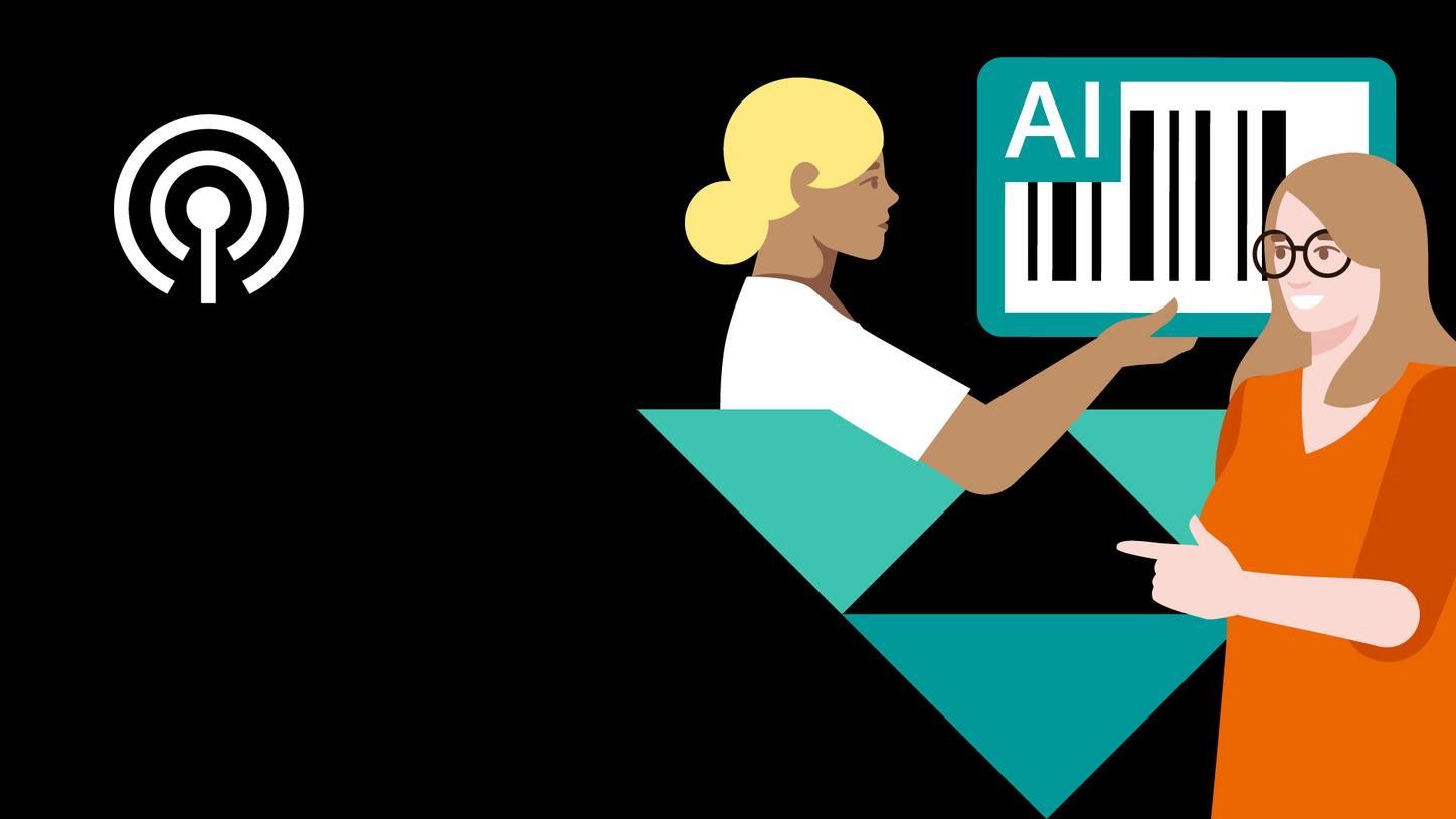 Illustration of two people interacting with AI-assisted scanning. One person points to a barcode displayed in a teal frame labeled “AI,” while another person stands in the foreground. A podcast-style icon appears on the left against a dark background.