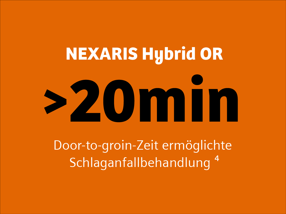 Sie sehen eine orangefarbene Kachel. Auf dieser Kachel steht: Nexaris Hybrid OP. 20 Minuten Schlaganfallbehandlung mit Tür-zu-Leiste-Zeit.