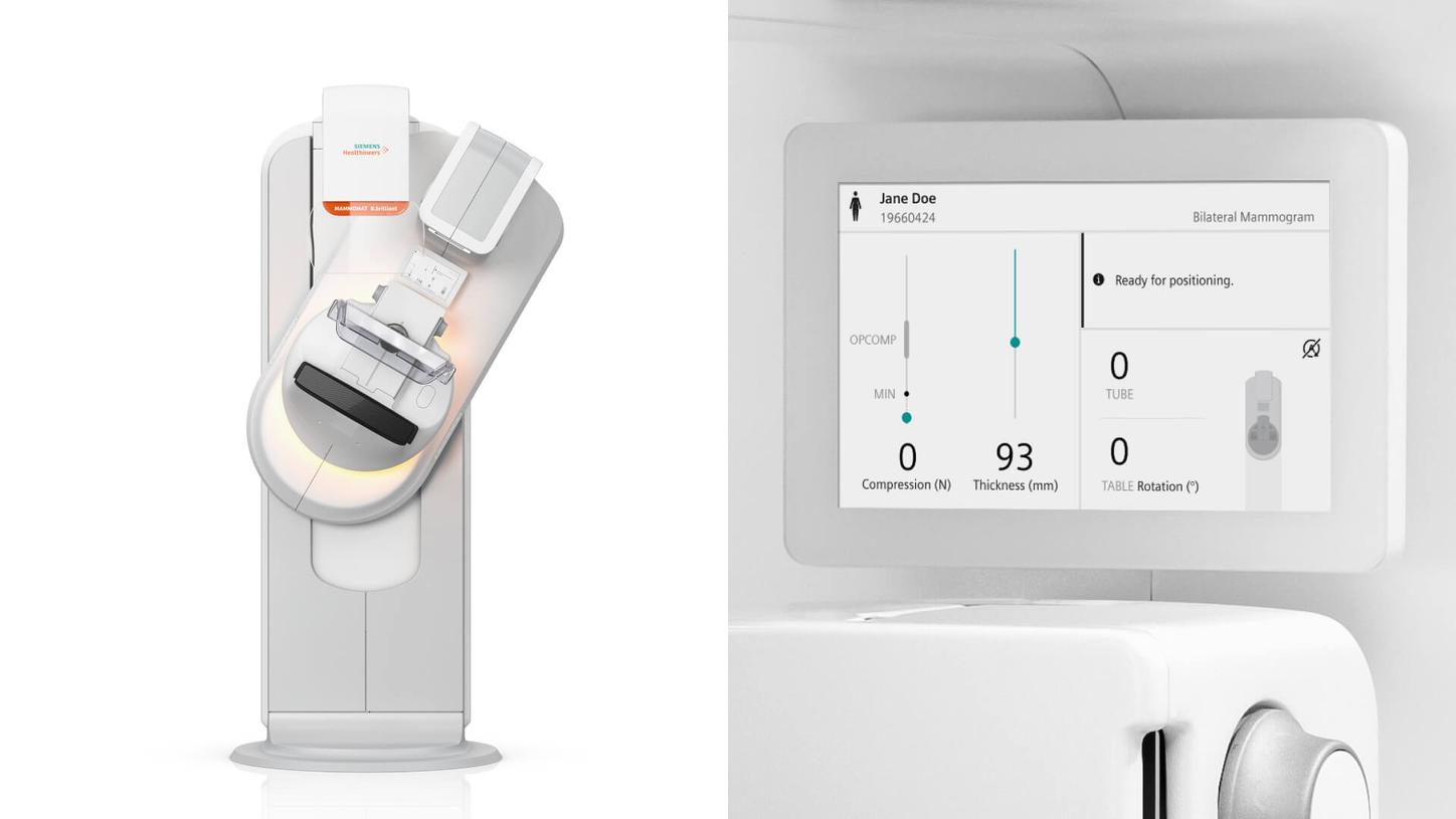 Moderne digitale Mammographie-Einheit mit einer gebogenen Patientenunterstützung, einem Kompressionspaddel und einer Touchscreen-Schnittstelle, die bilaterale Mammographie-Steuerungen anzeigt