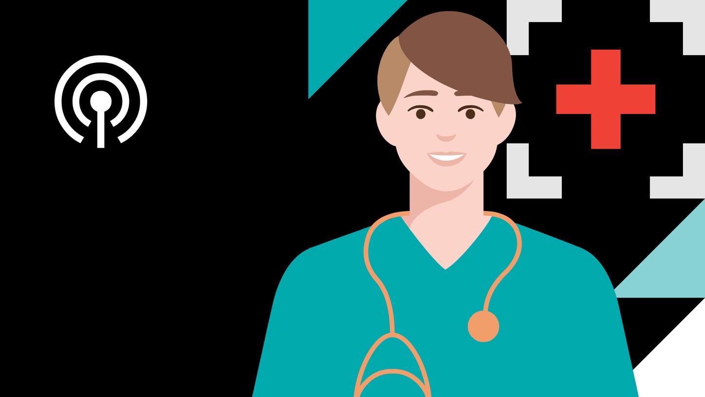 Illustration of a healthcare professional with a stethoscope, podcast icon, and medical cross.