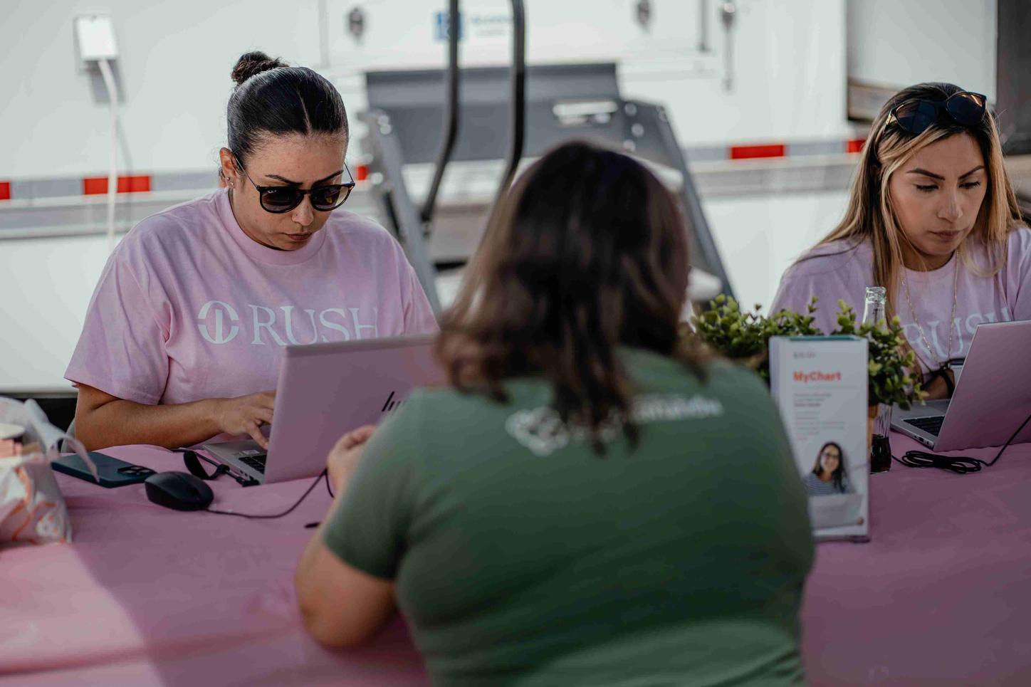 Outside registration desk of mobile mammography unit in the U.S.