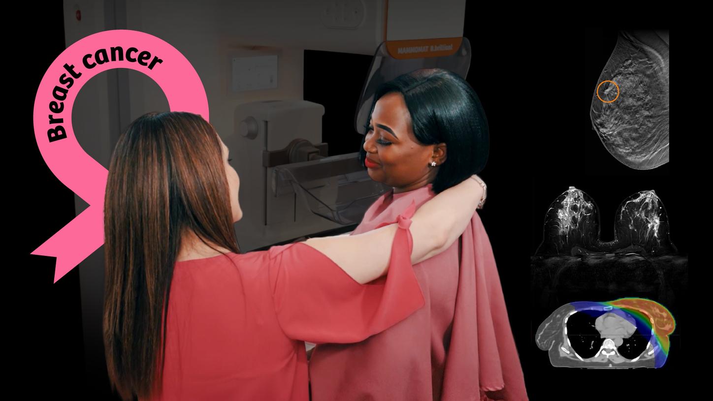 radiographer interacting with patient on mammograph, overlayed by a pink breast cancer ribbon and some clinical images of the breast