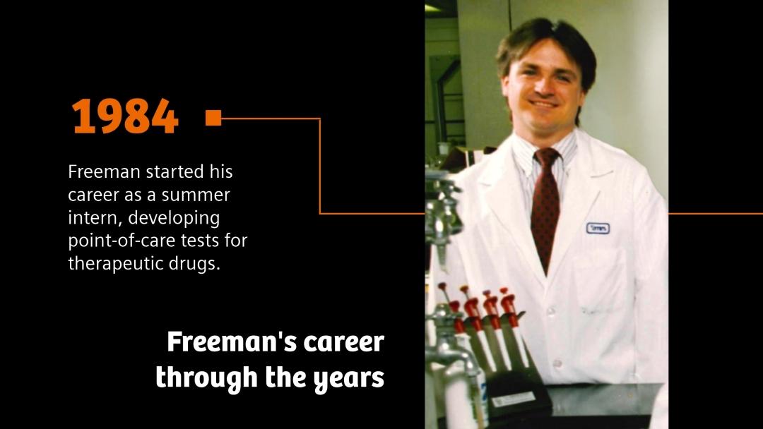 Text: Freeman's career through the years. 1984 - Freeman started his career as a summer intern, developing point-of-care tests for therapeutic drugs. Picture shows young Jim Freeman.