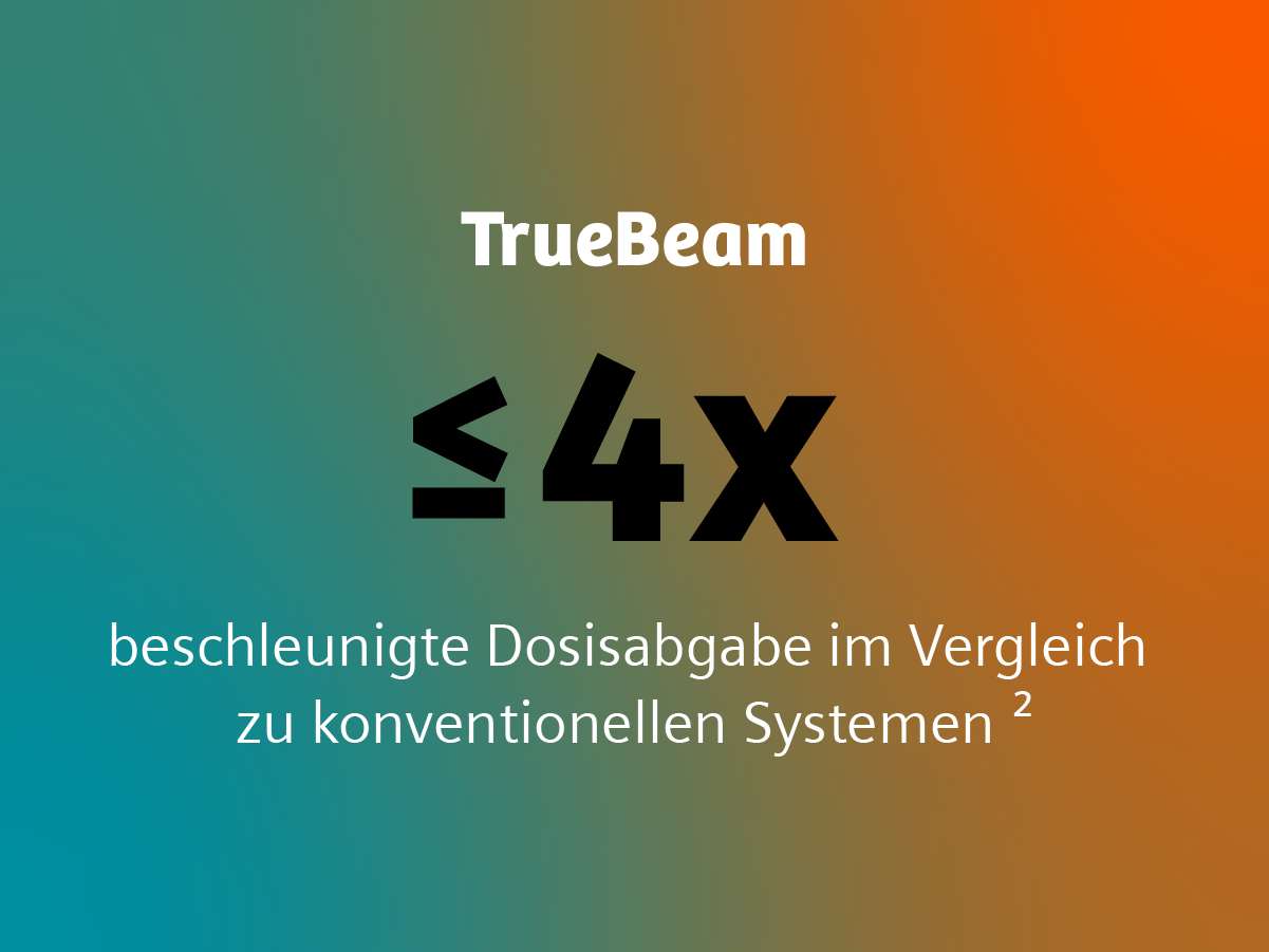 Sie sehen eine farbige Kachel mit einem Text darauf. Dort steht: „TrueBeam – 4-mal schnellere Dosisabgabe als herkömmliche Systeme.“