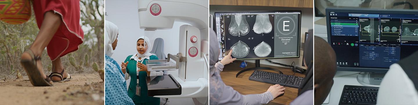 4 part collage, showing remote areas, interaction of patient and healthcare professionals, as well as diagnostic discussions with clinical images.
