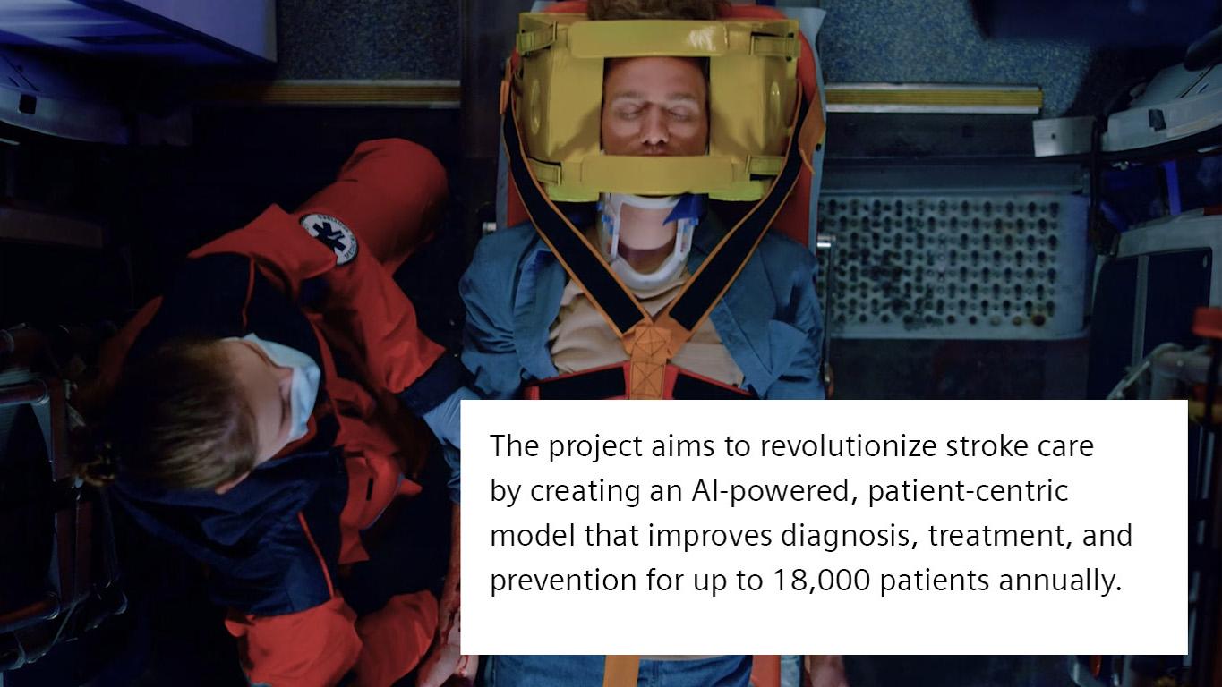 Top-down view of a patient inside an ambulance.