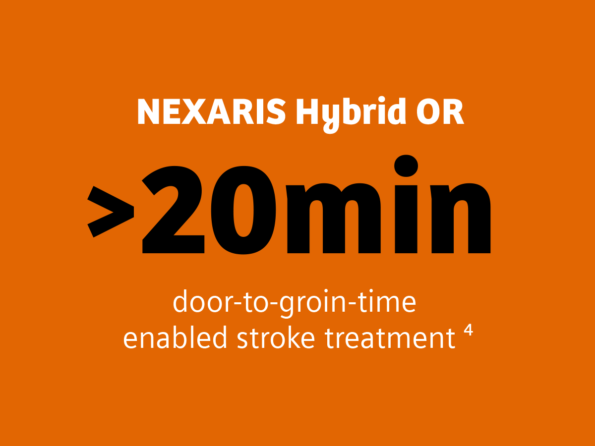 It is an organge tile with text saying: "Nexaris Hybrid OR. Less then 20 minutes door-to-groin time enabled stroke treatment.