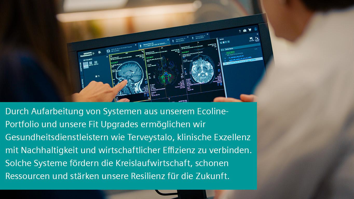 Text: Durch Aufarbeitung von Systemen aus unserem Ecoline- Portfolio und unsere Fit Upgrades ermöglichen wir Gesundheitsdienstleistern wie Terveystalo, klinische Exzellenz mit Nachhaltigkeit und wirtschaftlicher Effizienz zu verbinden. Solche Systeme fordern die Kreislaufwirtschaft, schonen Ressourcen und stärken unsere Resilienz für die Zukunft.