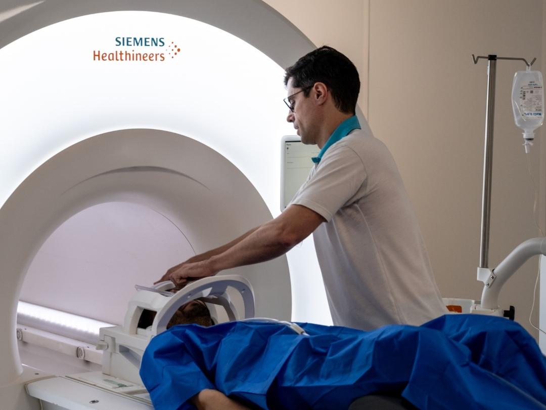 Patient on MR table is prepared for scan